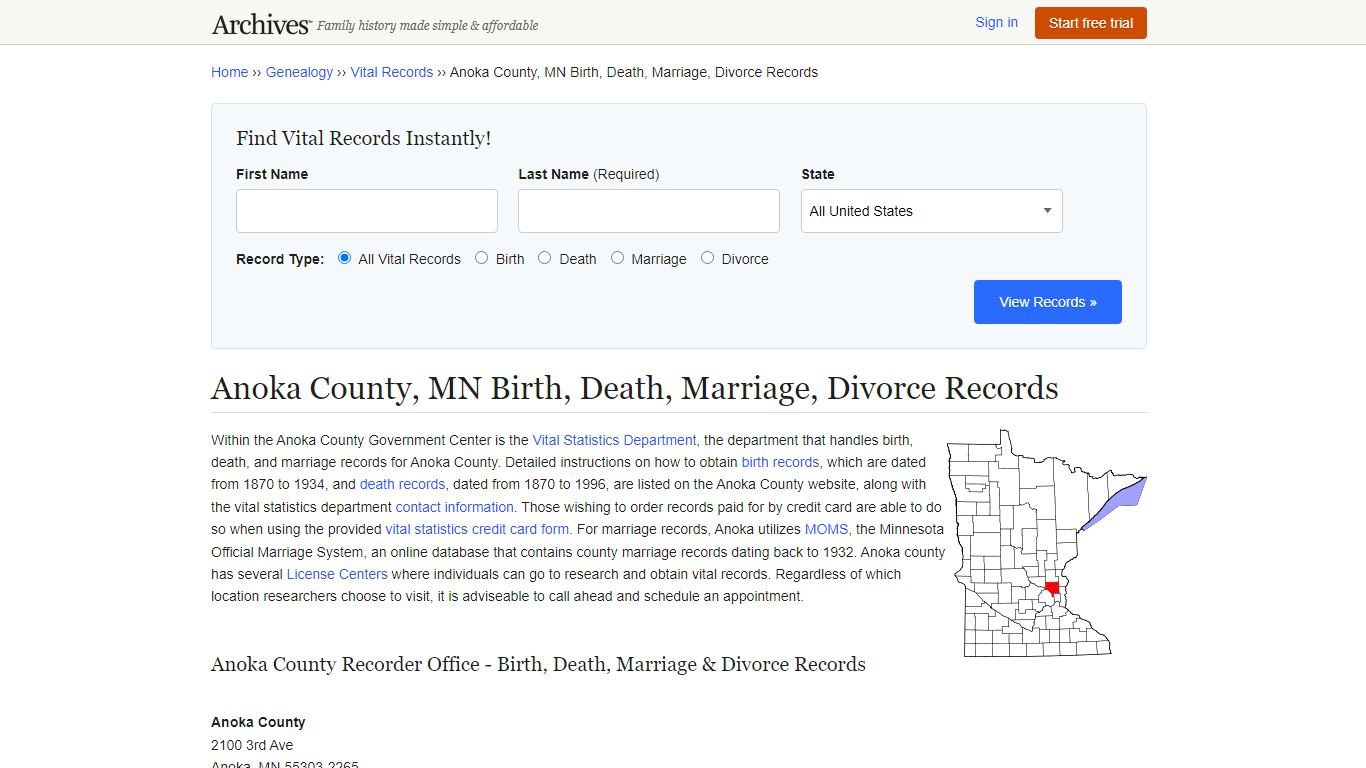 Anoka County, MN Birth, Death, Marriage, Divorce Records